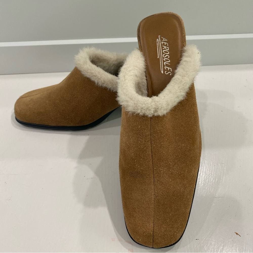 AEROSOLES Women's Brown Suede Mules with White Fur Trim